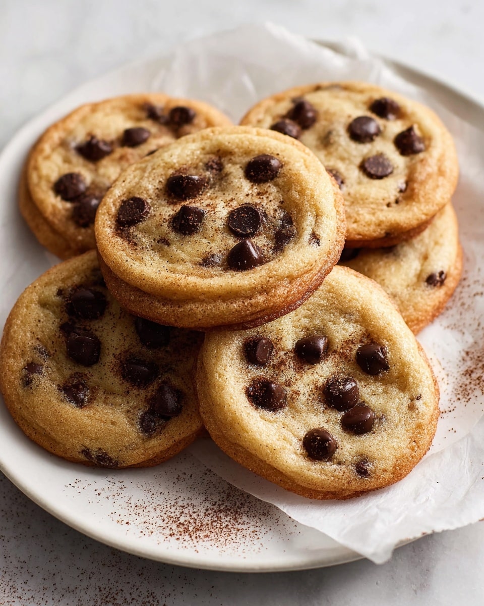 A white plate lined with white parchment paper holds six soft chocolate chip cookies stacked loosely on top of each other. Each cookie is golden brown with a slightly crispy edge, showcasing dark chocolate chips scattered across the top and partially melted into the cookie dough. The texture looks chewy in the center with a subtle dusting of cinnamon or sugar on and around the cookies. The plate rests on a white marbled surface, enhancing the warm tones of the cookies. photo taken with an iphone --ar 4:5 --v 7