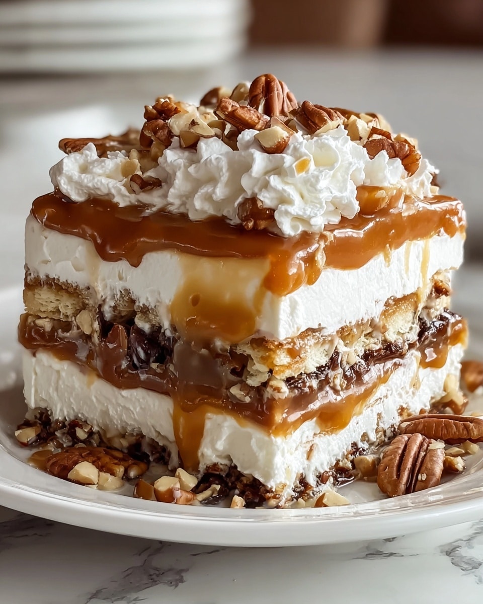 A square dessert piece on a white plate with a white marbled surface beneath. The dessert has four visible layers: the bottom layer is a white, fluffy cream; above it is a textured brown layer with nuts and caramel sauce dripping slightly down the side; then another thick layer of white cream, topped with a rich caramel layer that is smooth and glossy; the topmost layer is white whipped cream with a soft, wavy texture, sprinkled with whole and chopped pecans. The caramel sauce also oozes lightly on the sides, adding a glossy contrast to the creamy white layers. Photo taken with an iphone --ar 4:5 --v 7