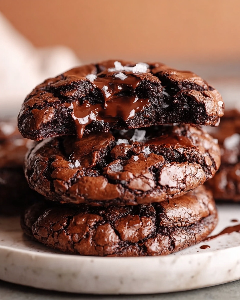The image shows a stack of two thick chocolate cookies on a white plate. The top cookie is broken in half, revealing soft, melted chocolate inside that looks shiny and smooth, with small flakes of salt sprinkled on top. The cookies have a rich, dark brown color with a slightly cracked and textured surface, and there are chunks of melted chocolate embedded in the dough. The background is softly blurred with a white marbled texture visible under the plate. photo taken with an iphone --ar 4:5 --v 7