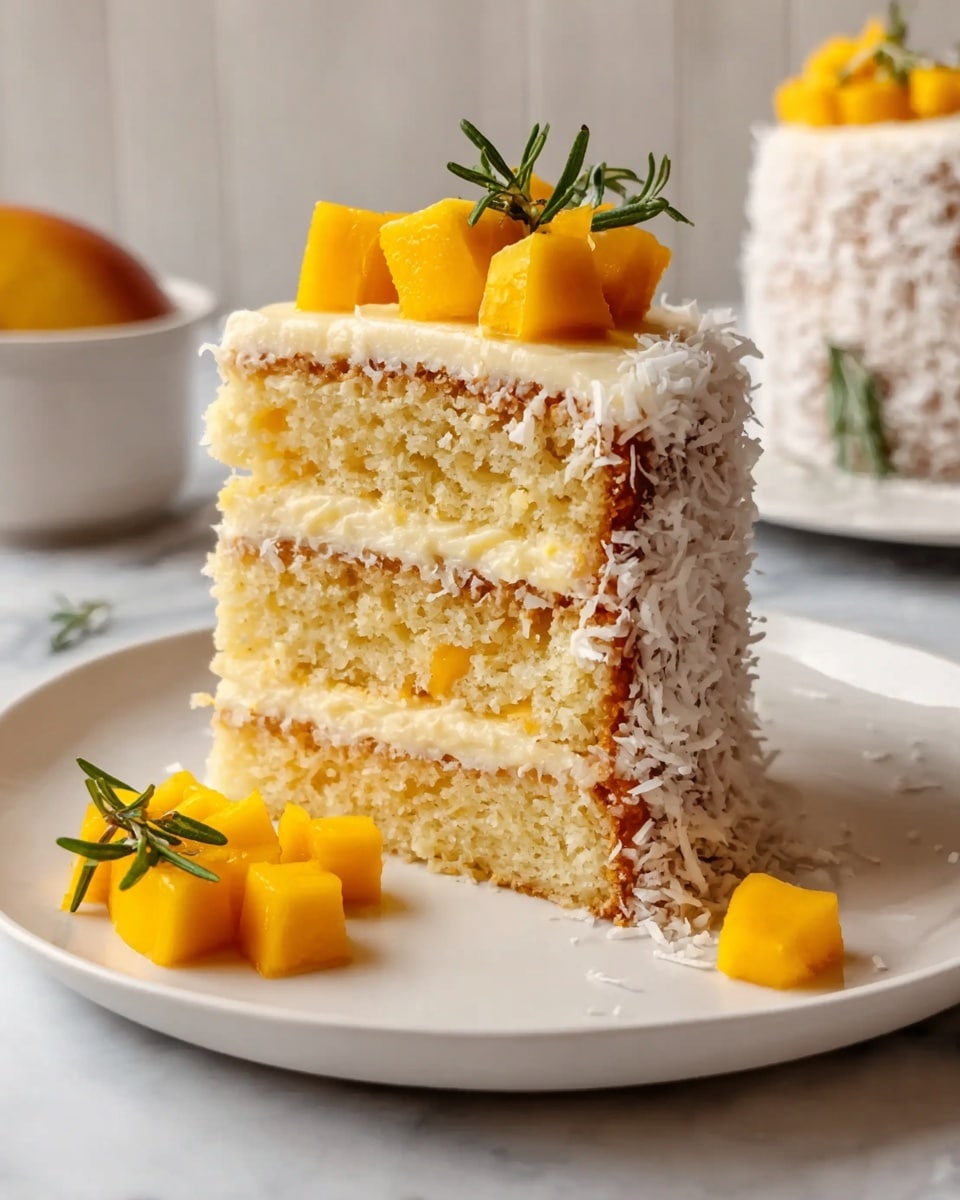 The image shows a three-layer cake on a white plate, covered on the outside with white shredded coconut. Each cake layer is golden brown with thick, creamy pale yellow frosting between each layer and on top. The cake is topped with bright orange mango cubes and small green sprigs of herbs, while a few mango pieces with herbs are placed on the plate in front. The scene is set on a white marbled surface with soft natural light. Photo taken with an iphone --ar 4:5 --v 7