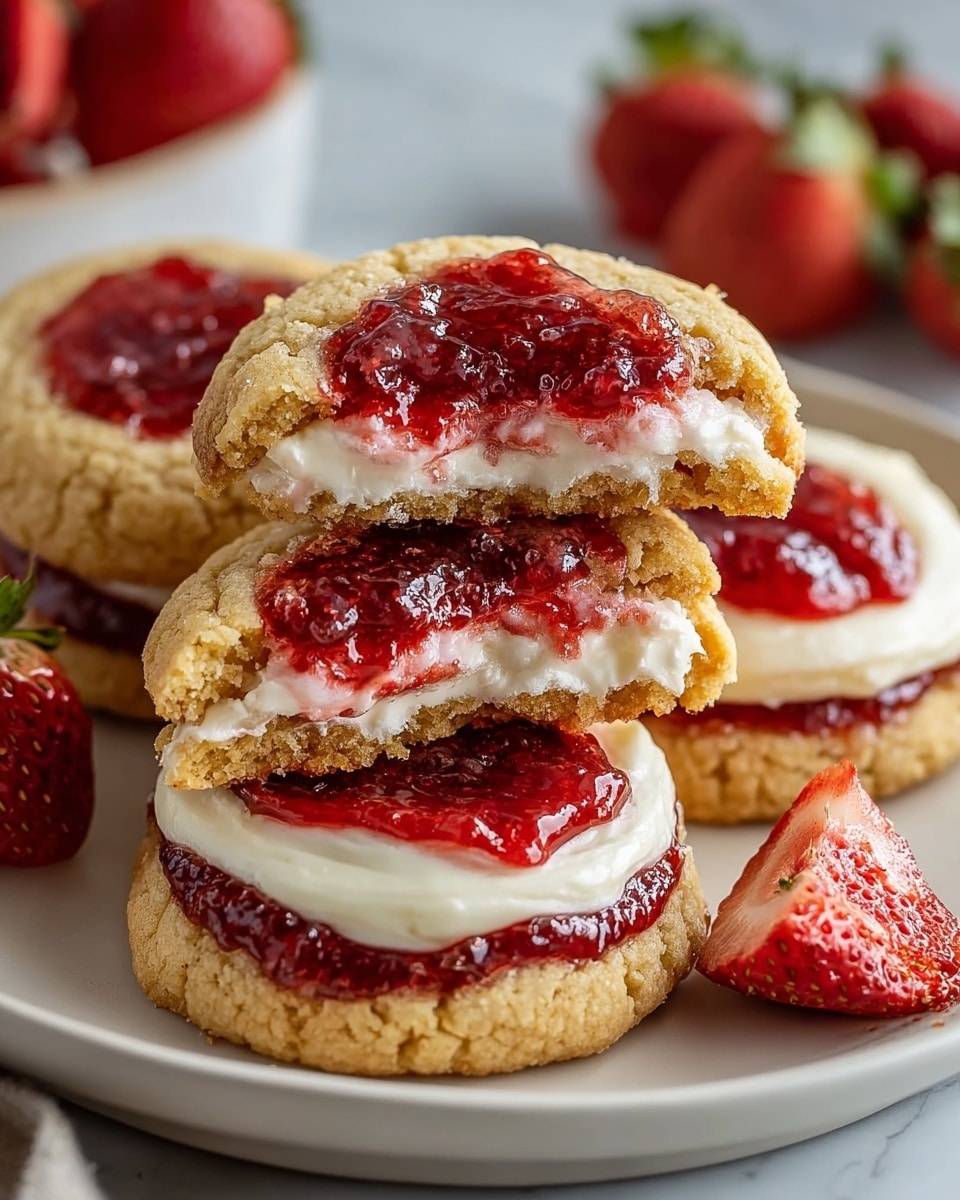 The image shows several cookies on a white plate, each cookie has three visible layers: a bottom golden-brown textured cookie base, a middle creamy white layer, and a top shiny, chunky red strawberry jam layer. Two cookies are stacked, with the top cookie broken in half to show the layered inside clearly. Around the plate, there are some small strawberry pieces and whole strawberries blurred in the back. The plate is on a white marbled surface. photo taken with an iphone --ar 4:5 --v 7