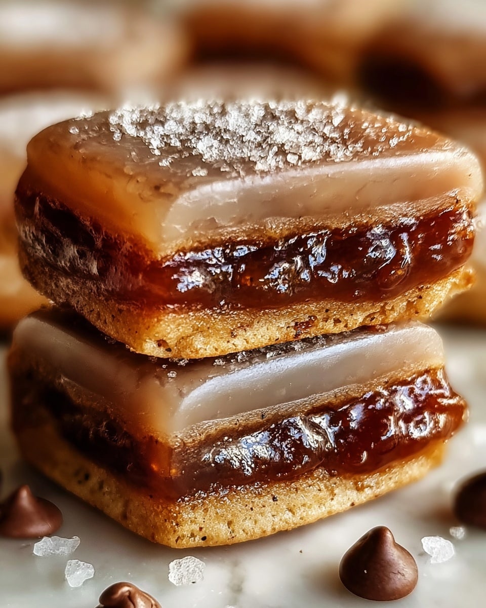 The image shows a close-up of three stacked bars on a white marbled surface. The top two bars have a translucent, glossy light brown outer layer with a slightly sticky look, revealing a dark, shiny, and textured filling inside. These bars appear thick and chewy with a smooth exterior. The bottom bar is more solid and flaky with a golden brown color and a slight crack on its surface, topped with a thin caramel-colored layer between two biscuit-like layers. Around the stack are some scattered granules of white salt and small round brown pieces, possibly chocolate or nuts. photo taken with an iphone --ar 4:5 --v 7