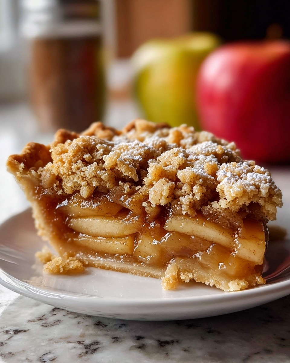 A close-up of a slice of apple pie on a white plate, showing three clear layers: at the bottom, a golden-brown crust that looks firm and crumbly; in the middle, thick, glossy apple slices in a rich caramel-brown sauce that looks sticky and soft; and on top, a golden crumbly streusel topping dusted lightly with powdered sugar, giving a textured and crunchy appearance. The plate sits on a white marbled surface, and in the blurred background, there are two apples, one red and one yellow-green, adding a warm touch. Photo taken with an iphone --ar 4:5 --v 7