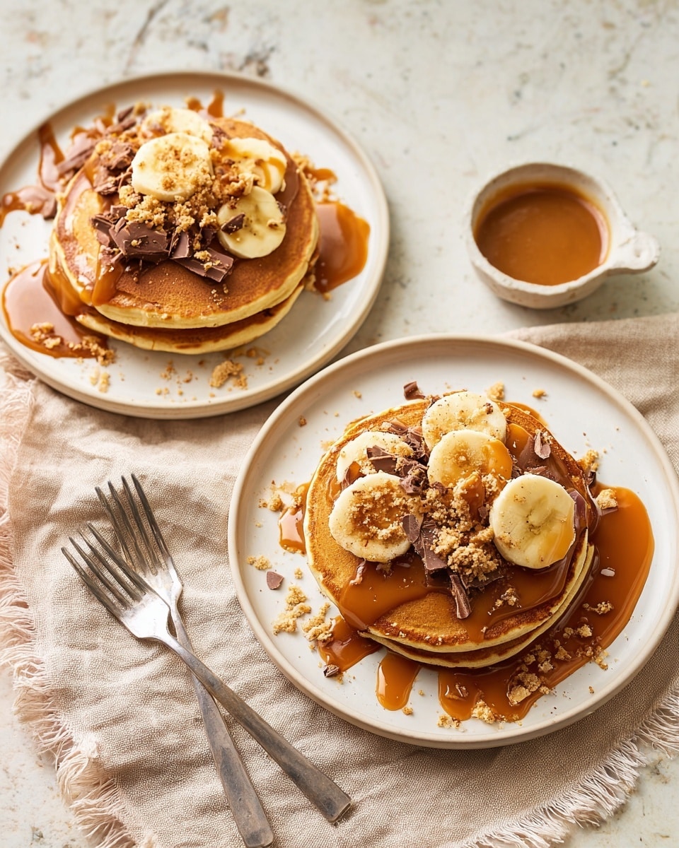 Two white plates each hold three thick golden-brown pancakes stacked neatly. On top of the pancakes are several banana slices, light yellow with soft texture, scattered with small dark chocolate shavings and crumbly light brown cookie pieces. A rich caramel syrup is drizzled generously over each stack, creating shiny amber streaks and pooling slightly on the plates. The plates rest on a white marbled surface, one placed on a soft beige cloth with two silver forks beside it. Nearby, a small white bowl contains a caramel-like sauce with a glossy surface. The scene is lit with warm, natural light, highlighting the warm colors and textures of the dish. photo taken with an iphone --ar 4:5 --v 7