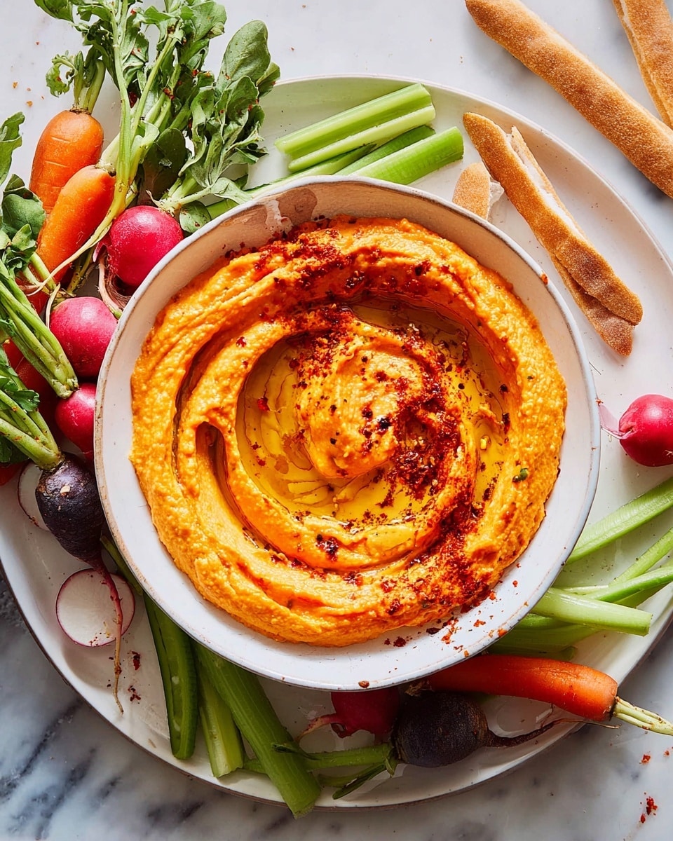 A white bowl filled with a creamy, smooth, orange dip swirled in a circular pattern with a shiny olive oil pool in the center, sprinkled with red spices on top. The bowl sits on a white plate that holds fresh vegetables around it, including small whole carrots with green tops, radishes with green leaves, dark purple baby carrots, green snap peas, and light green celery sticks. There are breadsticks placed nearby on a white marbled surface. The scene is brightly lit, showing the fresh colors and textures clearly, photo taken with an iphone --ar 4:5 --v 7