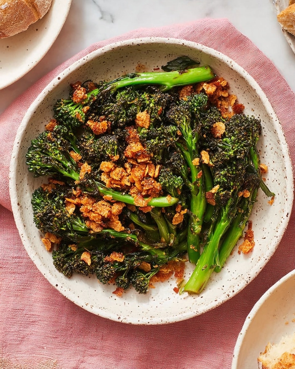 The image shows a white bowl filled with cooked broccolini, arranged with the green stems pointing inward and the dark green, slightly charred florets on top. Scattered over and around the broccolini are small, crumbled pieces of reddish-orange crispy topping with uneven texture, adding a contrast in color and roughness. The bowl is set on a soft pink cloth on a white marbled surface, and a piece of bread can be seen on the right edge of the image. Photo taken with an iphone --ar 4:5 --v 7