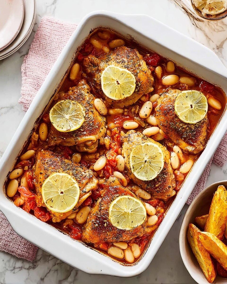 A white rectangular baking dish holds six browned chicken thighs, each topped with a thin lemon slice. The chicken rests on a layer of plump white beans mixed with pieces of cooked red bell pepper in a light sauce, filling the bottom of the dish and surrounding the chicken. The dish is set on a white marbled surface, with a white bowl of golden potato wedges to the right on a brown cloth. Photo taken with an iphone --ar 4:5 --v 7