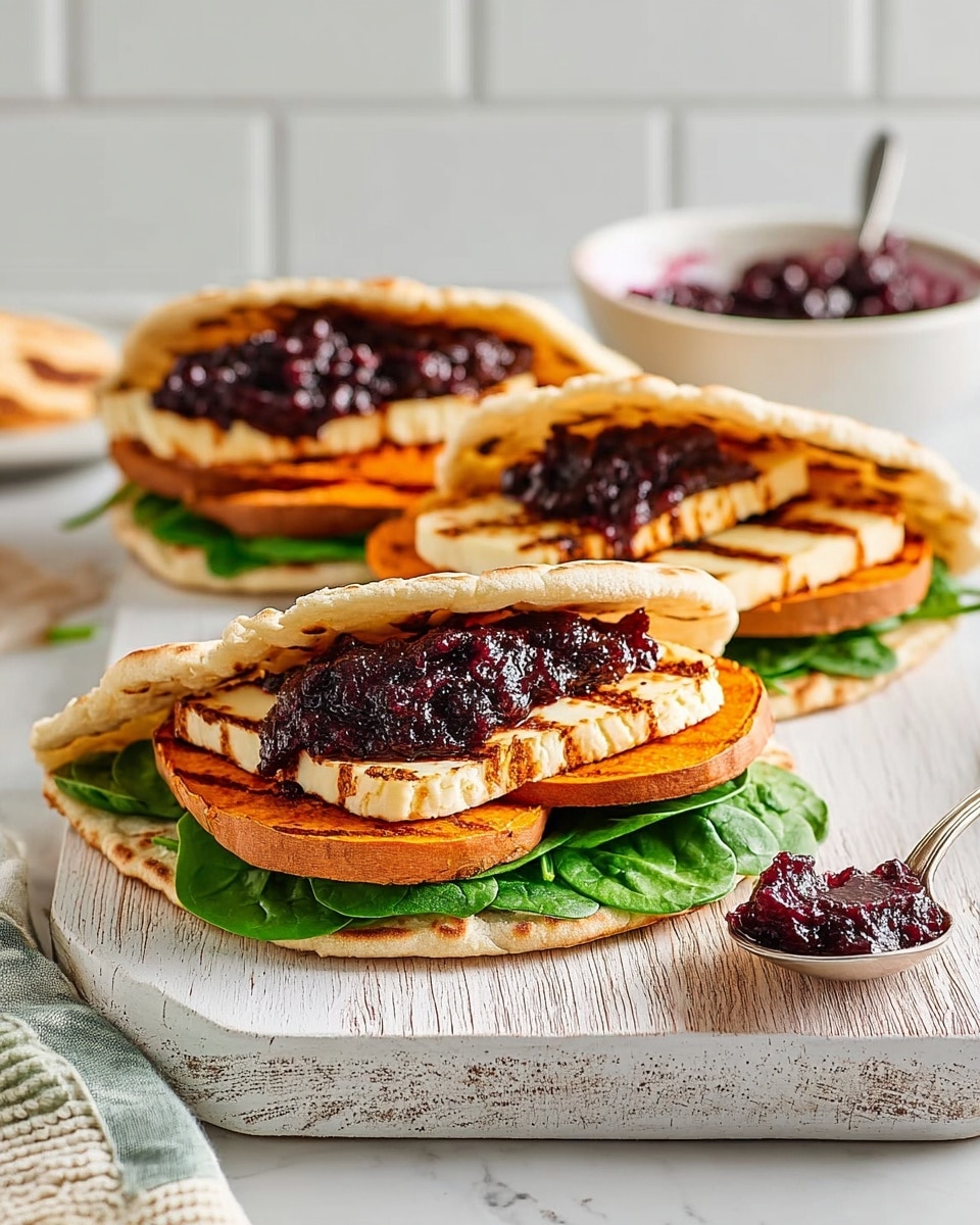 Three flatbreads folded over to create sandwiches, each with a base layer of fresh green spinach leaves, followed by three thick round slices of roasted sweet potato with an orange color, topped with a few golden-brown grilled cheese slices, and finished with a dark purple chunky sauce spread over the cheese. The sandwiches sit on a white wooden board on a white marbled surface. To the side, there is a white bowl filled with more dark purple sauce and a silver spoon resting on the board with some of the sauce on it. The background is a white tiled wall. photo taken with an iphone --ar 4:5 --v 7