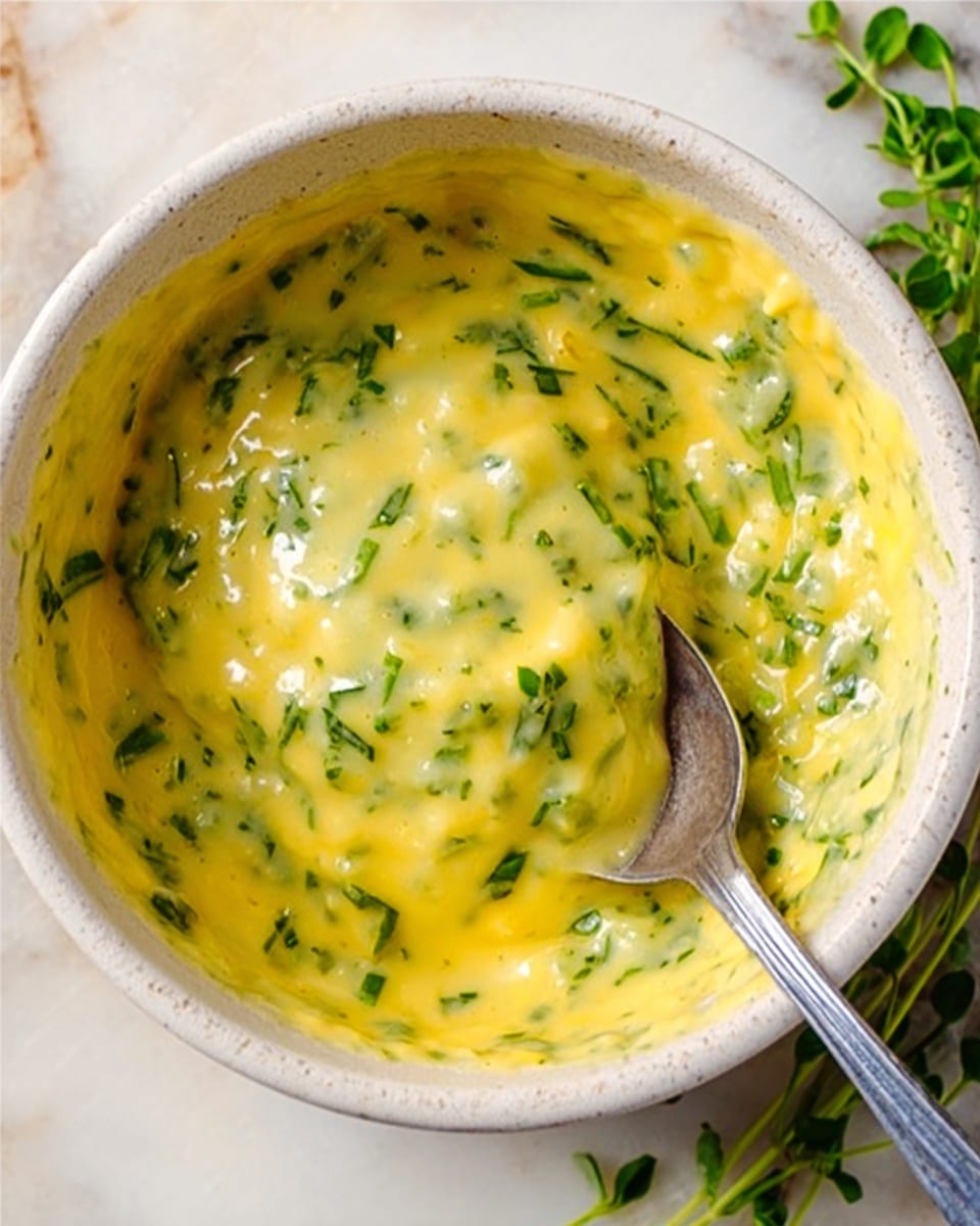A close-up of a white bowl filled with a creamy yellow mixture that has small green leaves and herbs mixed throughout. The texture looks smooth and slightly thick, with swirls created by a spoon resting inside the bowl. Outside the bowl, some chopped green herbs are scattered on a white marbled surface, adding a fresh touch to the scene. Photo taken with an iphone --ar 4:5 --v 7