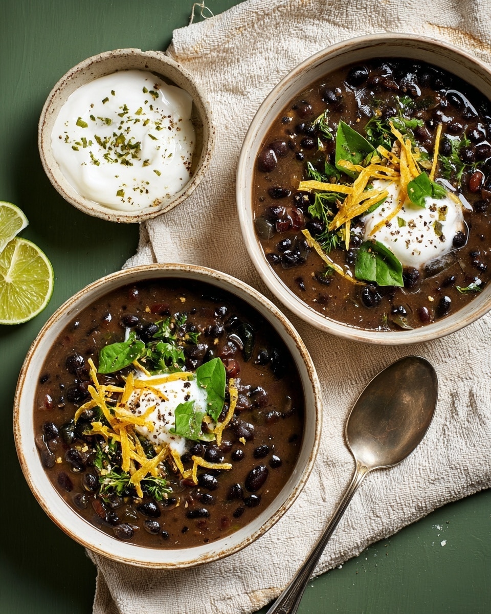 Two white bowls filled with dark brown black bean soup showing whole black beans and a thick, smooth texture. Each bowl has a dollop of white cream in the center, topped with bright green basil and cilantro leaves, and thin, golden fried potato sticks scattered on top. Next to the bowls, there is a small white bowl with a thick white cheese sprinkled with green lime zest and black pepper. The bowls rest on a beige cloth on a white marbled surface with a silver spoon beside one bowl. Photo taken with an iphone --ar 4:5 --v 7