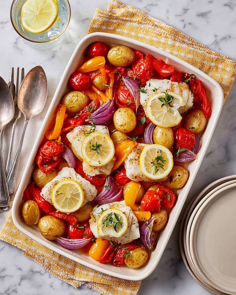 The dish is presented in a slightly speckled light-colored rectangular baking tray filled with a colorful mix of roasted vegetables and fish. The bottom layer consists of a mix of red cherry tomatoes on the vine, yellow and red bell pepper pieces, and sliced red onion, all cooked and soft with a glossy texture. On top of this layer, there are golden roasted potato wedges spread around, slightly browned and crispy. Three white fish fillets sit near the center, each topped with a bright yellow lemon slice and small green herb leaves. The tray is on a yellow checkered cloth over a white marbled surface, with clear water and silver serving spoons nearby, indicating a fresh, vibrant meal. Photo taken with an iphone --ar 4:5 --v 7