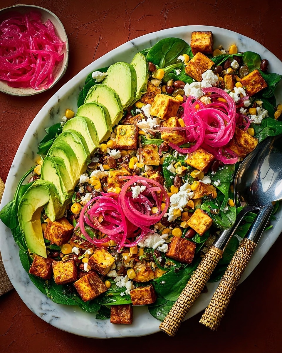 A large white oval plate holds a colorful salad with multiple layers: the base layer is bright green spinach leaves scattered across the plate, then evenly spread creamy white crumbled cheese and yellow corn kernels. On top of that are medium-sized golden-brown tofu cubes, thinly sliced light green avocado slices arranged in a fan shape, dark brown beans, and bright pink pickled onions adding a pop of color. To the side, a small white bowl contains more bright pink pickled onions. The plate is set on a white marbled surface with a fork and spoon with brown woven handles resting at the bottom right. Photo taken with an iphone --ar 4:5 --v 7