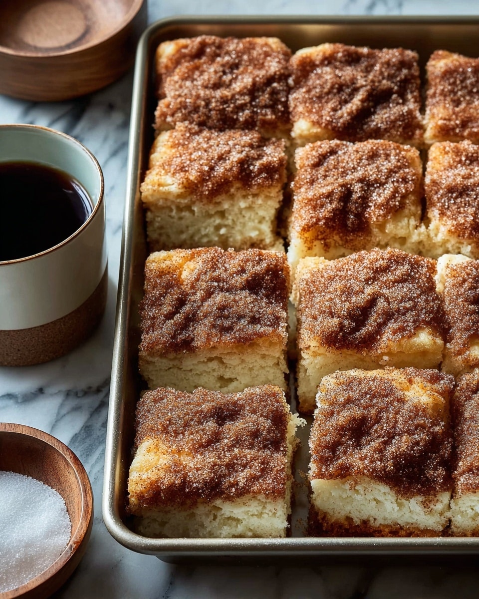 A baking pan holds nine thick square pieces of soft bread with a golden brown, sugary topping that looks crunchy and slightly crumbly. The bread base is light and fluffy with a pale cream color visible in the cut edges, while the top layer is caramelized with a darker brown sugar and cinnamon mix, creating a textured crust. The pan rests on a wooden surface, and in the background, there is a white cup filled with dark coffee and a small brown bowl with cinnamon sticks and sugar, all placed on a white marbled surface. photo taken with an iphone --ar 4:5 --v 7