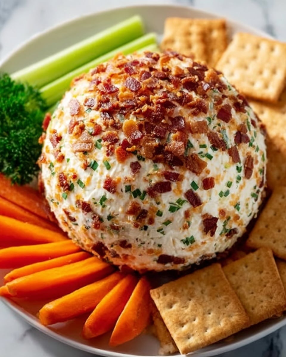 A round cheese ball with a creamy white base covered in crushed bacon bits and sprinkled with green herbs, sitting in the center of a white plate. Around the cheese ball are neat sticks of bright orange carrots and green celery arranged vertically, with light brown crackers peeking from the sides. The textures show a soft, crumbly outer layer of cheese mixed with crunchy bacon pieces and fresh vegetables. The background is a white marbled surface. Photo taken with an iphone --ar 4:5 --v 7