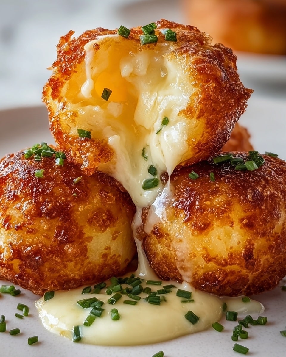 The image shows three deep-fried, golden brown cheese balls on a white plate with a white marbled surface. One cheese ball is cut open at the top center, revealing gooey, melted white cheese stretching out and flowing down with some small green herb pieces sprinkled throughout. The outer layer of the cheese balls is crispy and textured with a rich, browned crust. Small green herbs are sprinkled over the top of all the cheese balls, adding color contrast to the golden crust. photo taken with an iphone --ar 4:5 --v 7