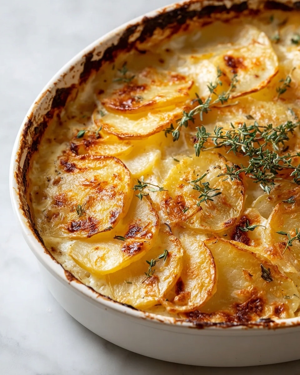 A white round dish filled with layered thin potato slices cooked until golden brown, with a crispy browned top layer that has a slightly charred edge. The potato slices are soft and covered with a creamy sauce that peeks between the layers. Fresh green thyme sprigs lay delicately on top, adding a touch of color to the warm yellow and golden brown colors. The sides of the dish show some browned baked cream or cheese, with bubbling and crispy texture near the edges, placed on a white marbled surface. photo taken with an iphone --ar 4:5 --v 7