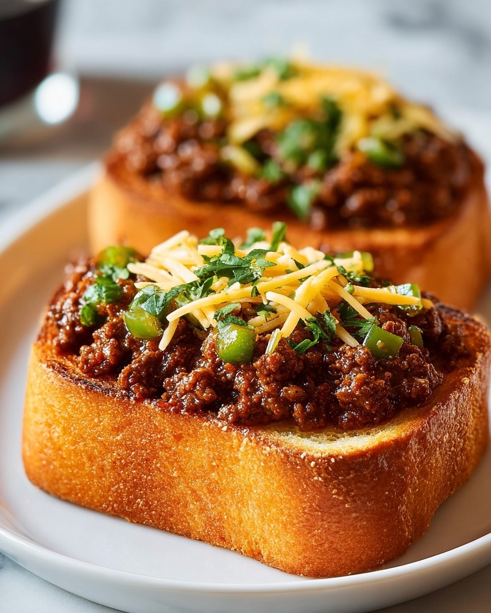 Two thick, round slices of golden toasted bread form the base, each topped with a generous layer of rich, dark brown cooked ground meat mixed with a thick sauce. On top of the meat, there is a light sprinkling of shredded yellow and white cheese that is slightly melted, and the dish is finished with fresh, chopped green herbs scattered over everything. The toast sits on a plain white plate with a white marbled surface in the background. photo taken with an iphone --ar 4:5 --v 7