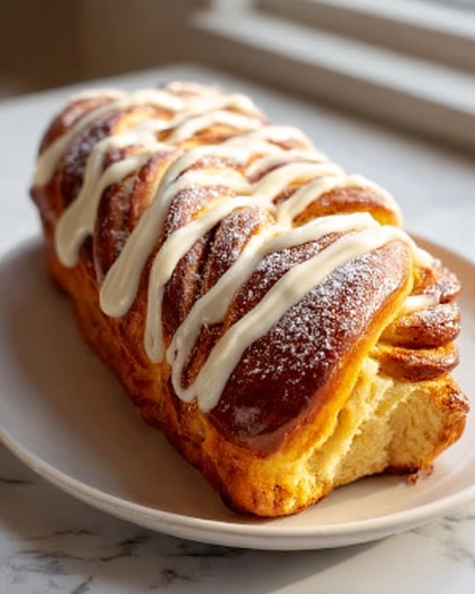 A thick, golden-brown braided bread sits in the center of a white plate on a white marbled surface. The loaf has multiple visible layers of soft dough twisted together, revealing a shiny, slightly crispy crust with a dusting of powdered sugar on top. Creamy white icing is drizzled in thick lines across the top of the bread, adding contrast and texture. Warm light softly highlights the bread’s glossy surface and fluffy inside. Photo taken with an iphone --ar 4:5 --v 7