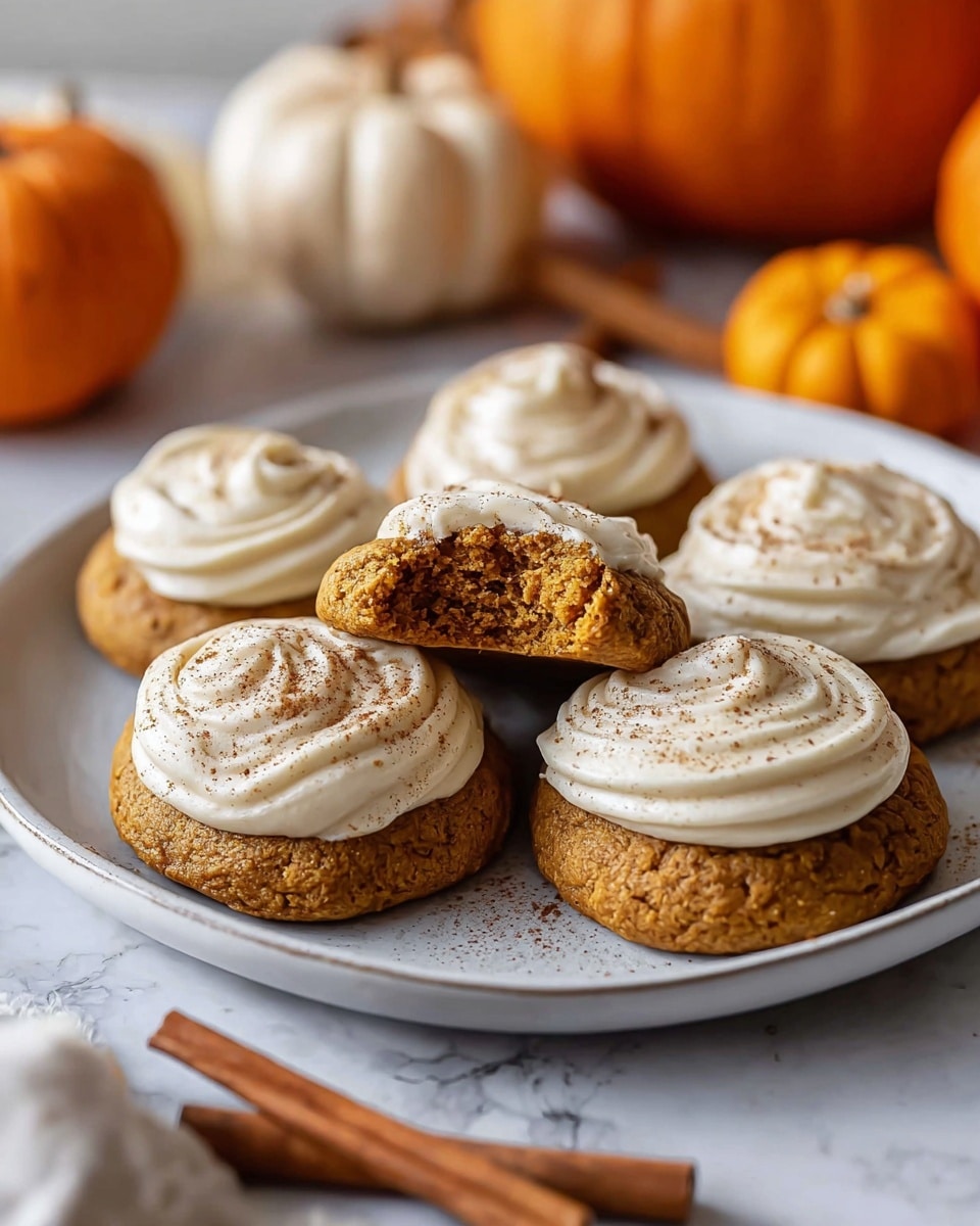 A white plate holds six round pumpkin cookies with thick layers of smooth white frosting swirled on top, each cookie golden brown and slightly textured. One cookie is broken in half, showing a moist, dense inside. The frosting on the front cookie is sprinkled lightly with a reddish-brown spice. The plate sits on a white marbled surface with small orange and off-white pumpkins blurred in the background, adding a warm touch. Two cinnamon sticks lie diagonally near the plate. Photo taken with an iphone --ar 4:5 --v 7