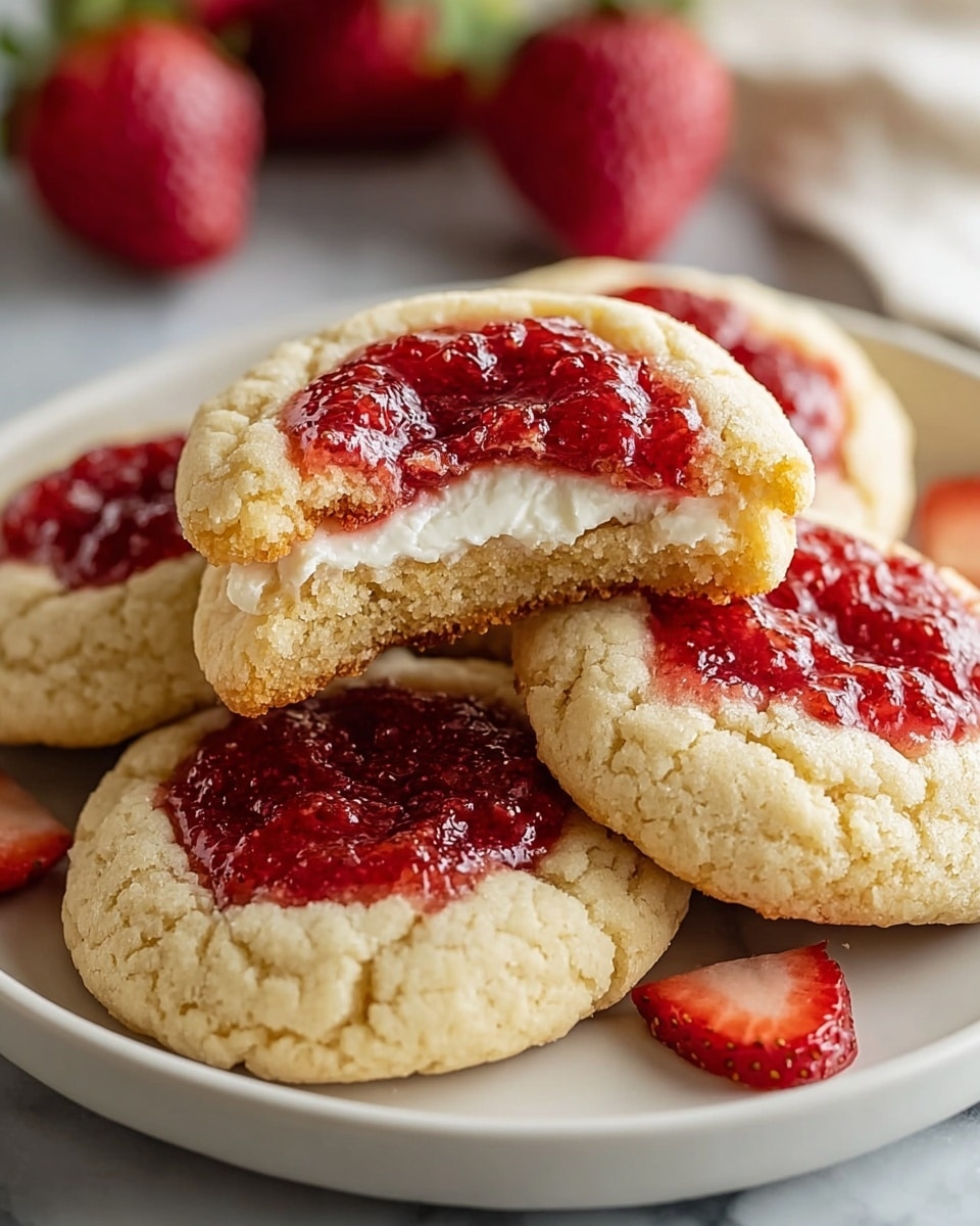 The image shows a white plate with four soft, round cookies that have a cracked pale golden surface. Each cookie is topped with a shiny, textured layer of bright red strawberry jam that fills the center. One cookie is cut in half and stacked, revealing three layers inside: a chewy golden-brown base, a thick creamy white middle layer, and the glossy strawberry jam on top. There are small pieces of fresh strawberries scattered around the plate. The plate is placed on a white marbled surface with whole strawberries blurred in the background. photo taken with an iphone --ar 4:5 --v 7