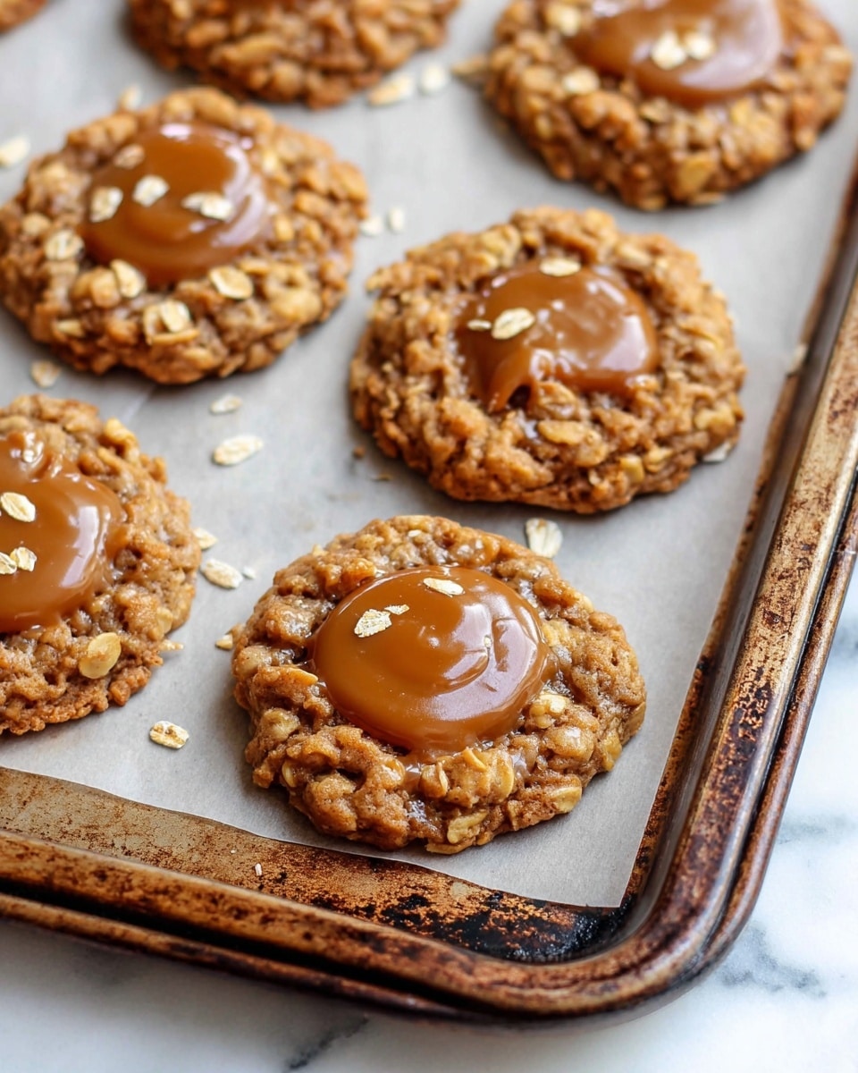 The image shows several round oatmeal cookies on a parchment paper-lined baking tray. Each cookie has a rough, textured, light brown oatmeal base with visible oats, and a glossy, golden-brown caramel dollop in the center. Small oat flakes are sprinkled on top of the caramel. The baking tray has a rustic, slightly worn metal edge, and the background is a white marbled surface. The cookies are arranged close together, some slightly overlapping in the blurred background. photo taken with an iphone --ar 4:5 --v 7