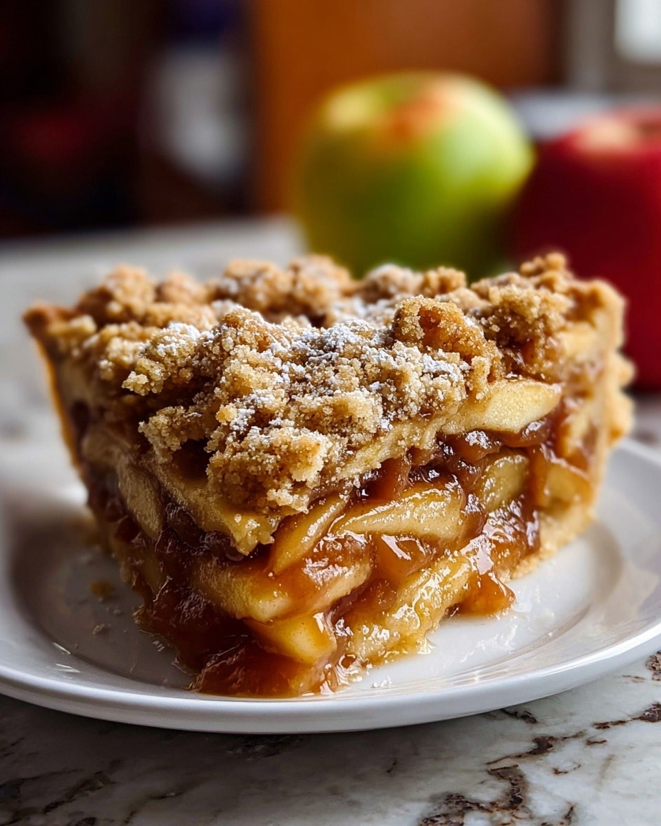 A close-up image of a slice of apple pie on a white plate, showing three layers: the bottom layer is a light brown crust, the middle layer is filled with shiny, soft, caramel-colored apple slices, and the top layer is a crumbly golden brown streusel sprinkled with powdered sugar. The pie slice looks thick and juicy, with the apple filling slightly oozing out. In the blurred background, there are two apples—one red and one yellow—and a small spice jar, all set on a white marbled surface. Photo taken with an iphone --ar 4:5 --v 7