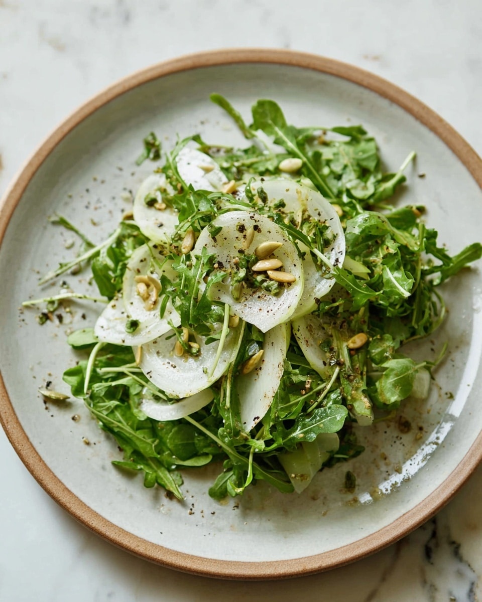 A light salad served on a white ceramic plate filled with fresh green arugula leaves forming the base layer, topped with thinly sliced white fennel pieces mixed throughout, and sprinkled with small golden fennel seeds, all lightly dusted with coarse black pepper. The textures include the leafy softness of arugula, the crispness of fennel, and the slight crunch of the seeds. The plate is placed on a white marbled surface. photo taken with an iphone --ar 4:5 --v 7