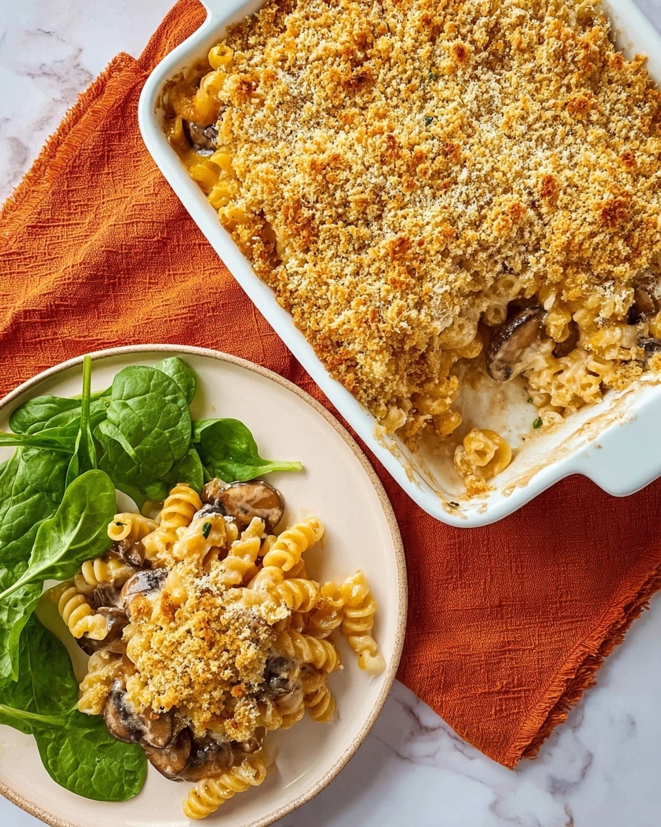 The image shows a baked macaroni and cheese casserole in a white rectangular dish, with a thick golden brown breadcrumb crust on top that looks crunchy and toasted. Inside, creamy macaroni pasta mixed with mushrooms is visible, showing a rich, cheesy sauce with a light brown color. A portion of the casserole is served on a white round plate beside the dish, where you can see the spiral macaroni coated in the cheese sauce and topped with the breadcrumb layer. Fresh green spinach leaves are placed next to the macaroni on the plate, adding a fresh contrast to the creamy dish. The dish and plate rest on a white marbled surface with an orange cloth partially under the dish. Photo taken with an iphone --ar 4:5 --v 7