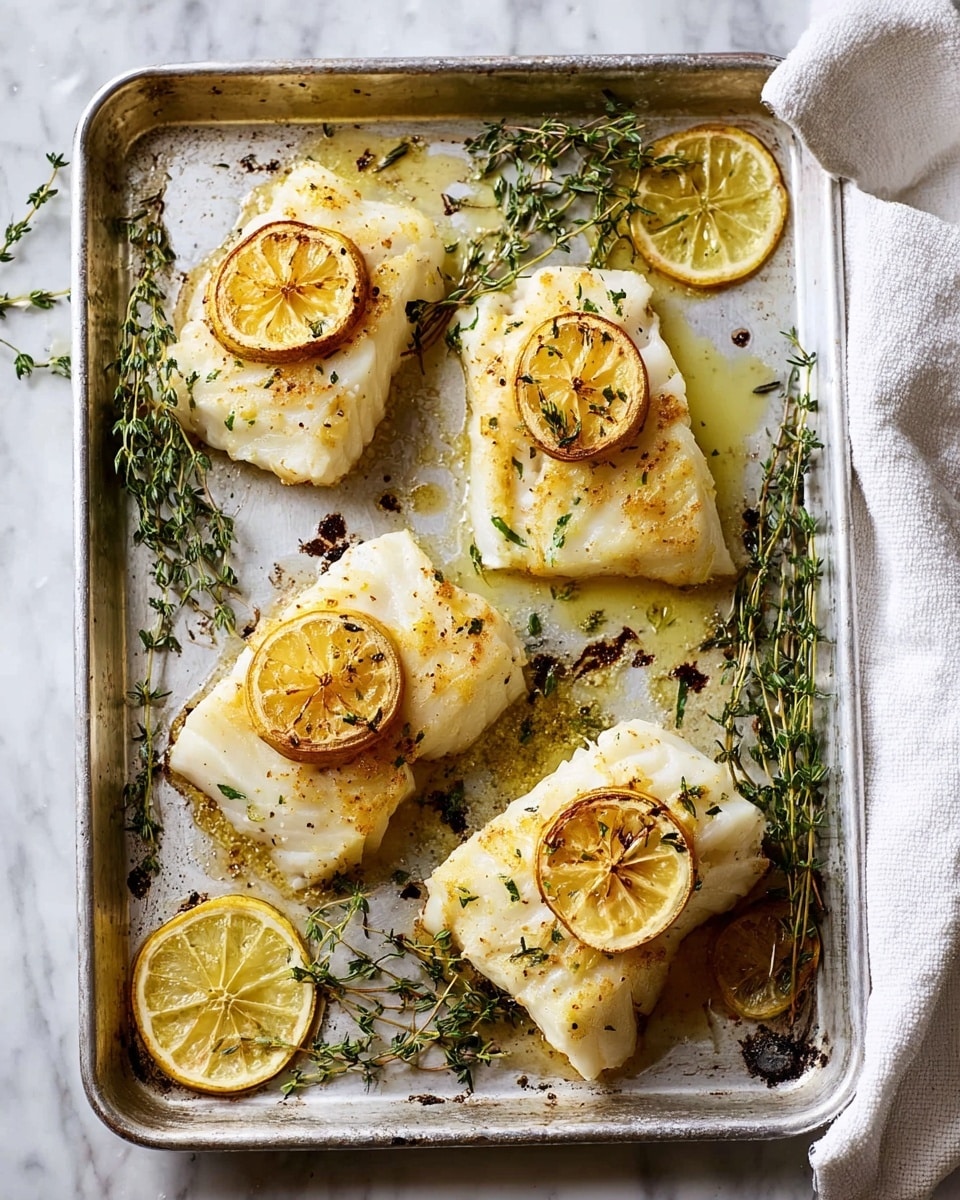 The image shows four pieces of cooked white fish with a slightly golden crust, each topped with a thin, lightly grilled lemon slice. The fish pieces are arranged on a metal baking tray with some fresh green thyme sprigs placed around and under them. The tray contains some browned bits and small oil spots. Additional lemon slices are scattered on the tray, one of which shows light charring. The scene is set on a white marbled surface with part of a white cloth napkin visible in the top right corner. photo taken with an iphone --ar 4:5 --v 7