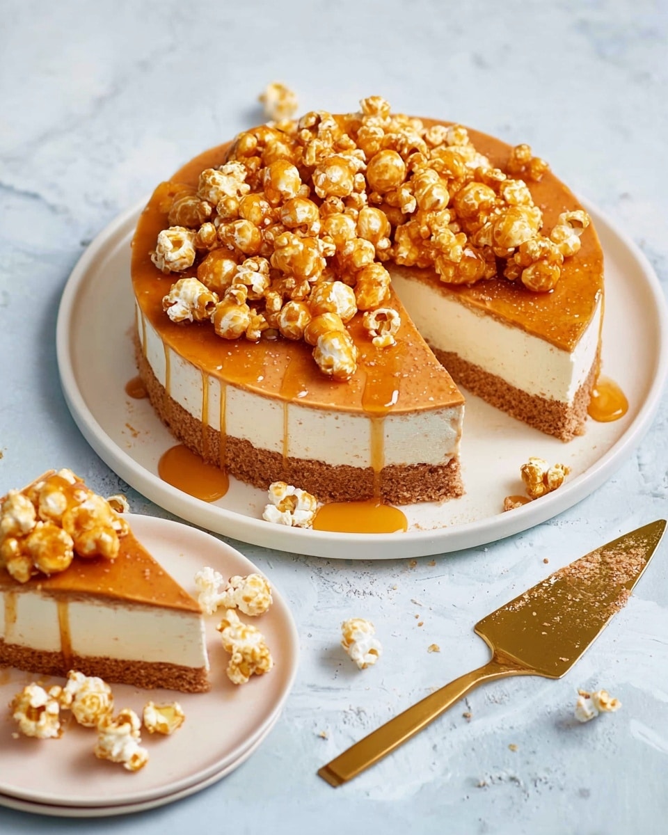 A round caramel cheesecake with one slice cut out sits on a white plate over a white marbled surface. The cake has three visible layers: a crumbly brown crust at the bottom, a thick white creamy middle layer, and a smooth light caramel-colored top layer. The top layer is covered with a drizzle of shiny caramel sauce and scattered caramel popcorn pieces, which are golden and slightly glossy. The slice of cake on a smaller white plate to the right also shows the three layers clearly, with a few pieces of caramel popcorn on the side. A gold cake server rests near the main plate, adding a touch of elegance. photo taken with an iphone --ar 4:5 --v 7