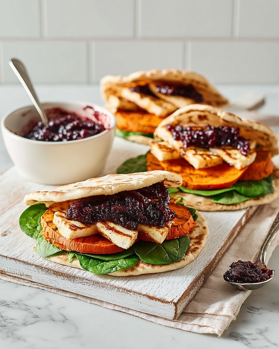 The image shows three flatbread sandwiches on a white wooden board over a white marbled surface. Each sandwich consists of a folded beige flatbread filled with fresh green spinach leaves at the bottom, followed by three thick, round, light orange slices of roasted sweet potato stacked in the middle. On top of the sweet potato slices, there are two pieces of golden-brown grilled cheese with visible grill marks, and a generous dollop of dark purple chunky chutney spread over the cheese. A silver spoon with chutney sits next to the sandwiches, and a white bowl filled with more dark purple chutney is in the background. The setting is clean and bright with a white tiled wall behind. Photo taken with an iphone --ar 4:5 --v 7