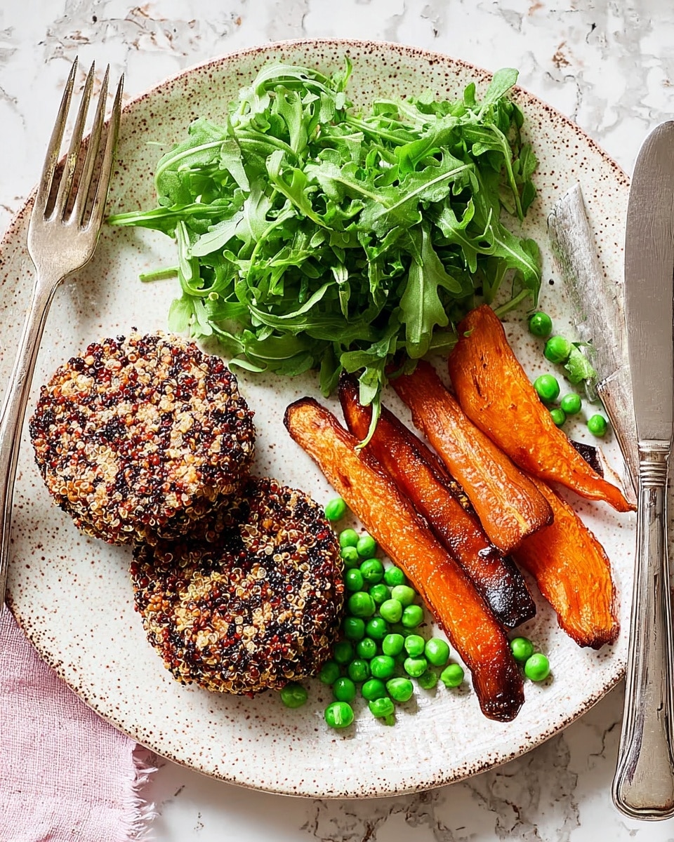 A white plate with black speckles holds a colorful meal arranged in sections. On the left are two round quinoa patties with a grainy texture in shades of black, white, and red. At the top of the plate, there is a small pile of fresh, bright green arugula leaves. To the right, a handful of shiny green peas are scattered next to four long, thin, and slightly crispy cooked sweet potato fries with a deep orange inside and dark brown skin. The plate sits on a pinkish surface with a white marbled texture. A fork is placed on the left side and a knife on the right side of the plate. photo taken with an iphone --ar 4:5 --v 7