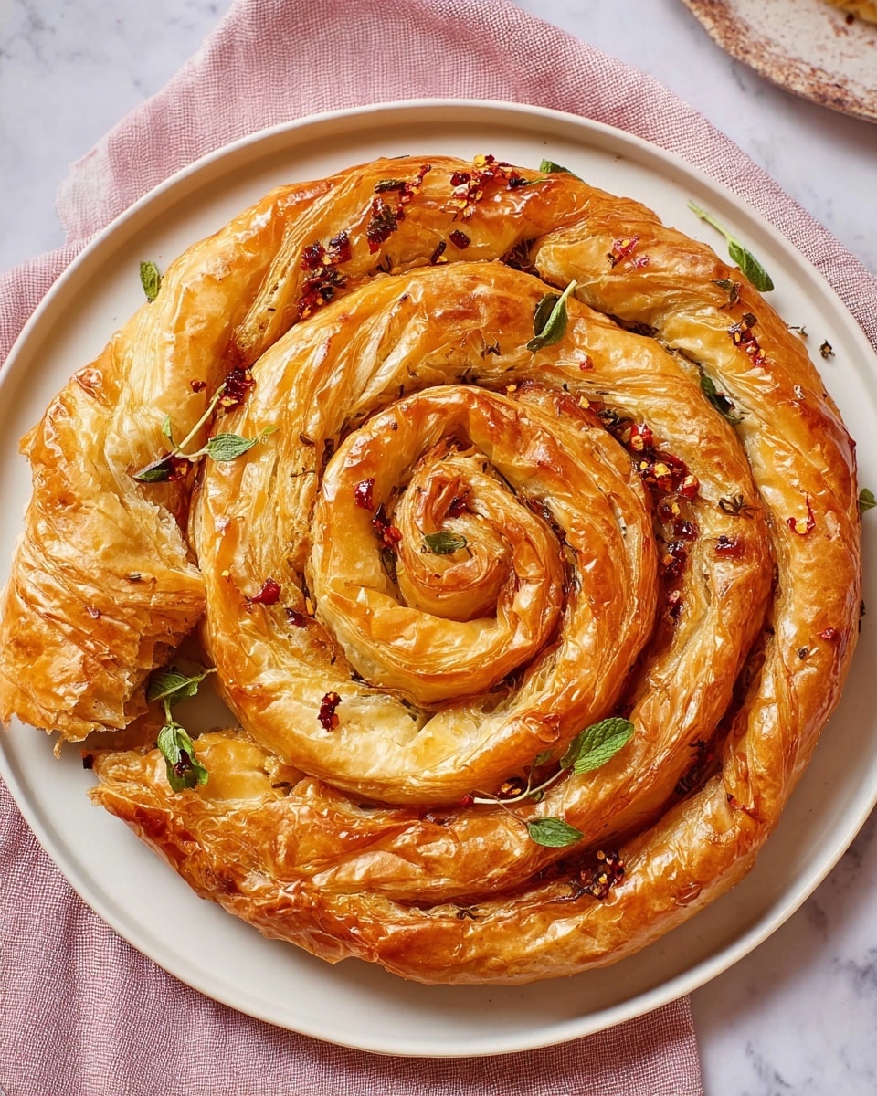 A round spiral-shaped pie with three visible layers of flaky, golden brown pastry crust, lightly cracked on the edges, decorated with green fresh herb leaves and scattered red chili flakes on top. The pie is placed on a white plate that sits on a white marbled surface. The pie's layers are tightly rolled, showing slight separation where the crust curls inward. Photo taken with an iphone --ar 4:5 --v 7