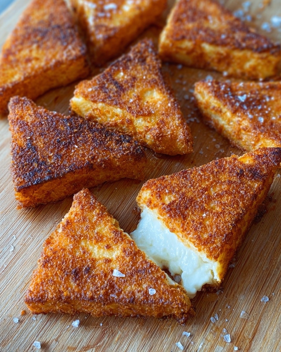 The image shows several triangular pieces of crispy fried bread with a golden brown, textured crust, placed on a wooden cutting board. One piece is broken open, revealing a soft, white, creamy inside. The surface of the bread is uneven with a mix of darker and lighter brown spots, indicating a crunchy exterior. Small salt flakes are scattered around the bread pieces on the board. Photo taken with an iphone --ar 4:5 --v 7