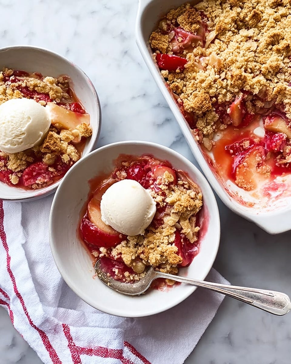 The image shows two white bowls filled with a fruit crumble dessert placed on a white marbled surface, next to a white baking dish with some crumble left inside. Each bowl has a bottom layer of cooked reddish-pink fruit pieces with syrupy juice, a thick middle layer of crumbly, golden-brown topping with a rough texture, and a scoop of creamy white ice cream on the side. A long silver spoon rests inside one bowl, its handle extending out. A white cloth with red stripes is partially under the bowls and baking dish. Photo taken with an iphone --ar 4:5 --v 7