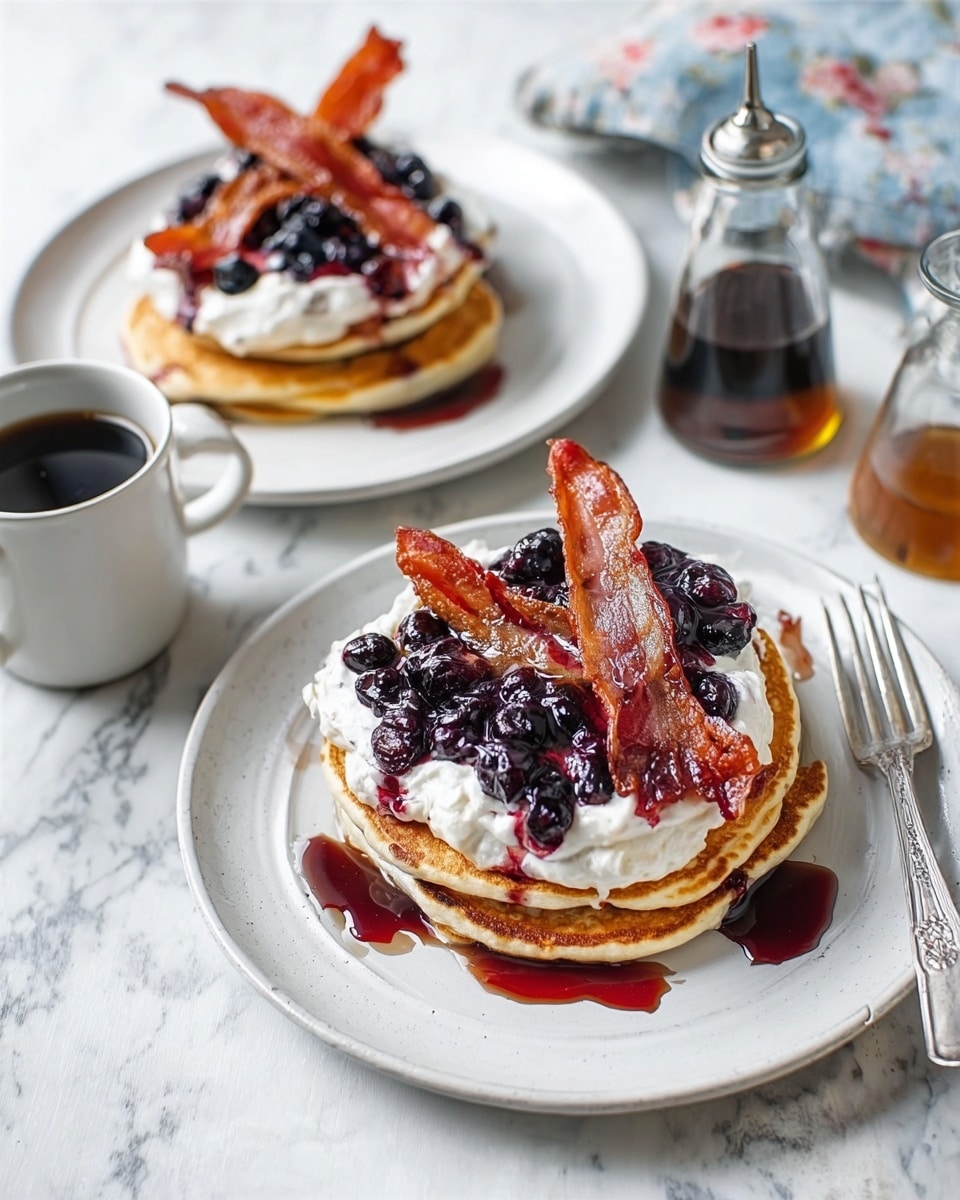 The image shows two white plates each with a stack of three golden-brown pancakes. Between the pancake layers is a thick spread of white cream, topped with dark purple cherries and shiny cherry syrup dripping over the edges. On top of the pancakes, two crispy strips of red-brown bacon are placed diagonally. The plates sit on a white marbled surface, with one plate closer to the camera accompanied by a beige cup of black coffee and a silver fork resting on the edge of the plate. Behind them, a small clear glass jar of syrup and a silver espresso maker are visible, with a folded striped cloth nearby. Photo taken with an iphone --ar 4:5 --v 7