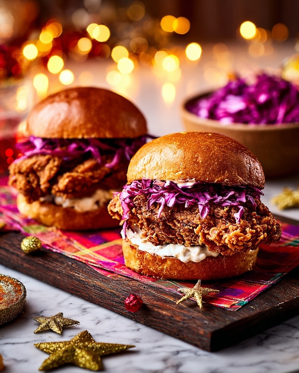 The image shows two fried chicken sandwiches on a dark wooden board with colorful checkered paper and napkins underneath. The sandwich on the right has three layers: a shiny, brown brioche bun on top, a thick piece of golden, crispy fried chicken in the middle, and shredded bright purple cabbage with white sauce spread on the bottom bun. The sandwich on the left is missing the top bun, showing the same three layers from the side. In the background, there is a bowl filled with purple cabbage, warm yellow bokeh lights, and some decorative stars and candles around the board, all set against a white marbled surface. photo taken with an iphone --ar 4:5 --v 7