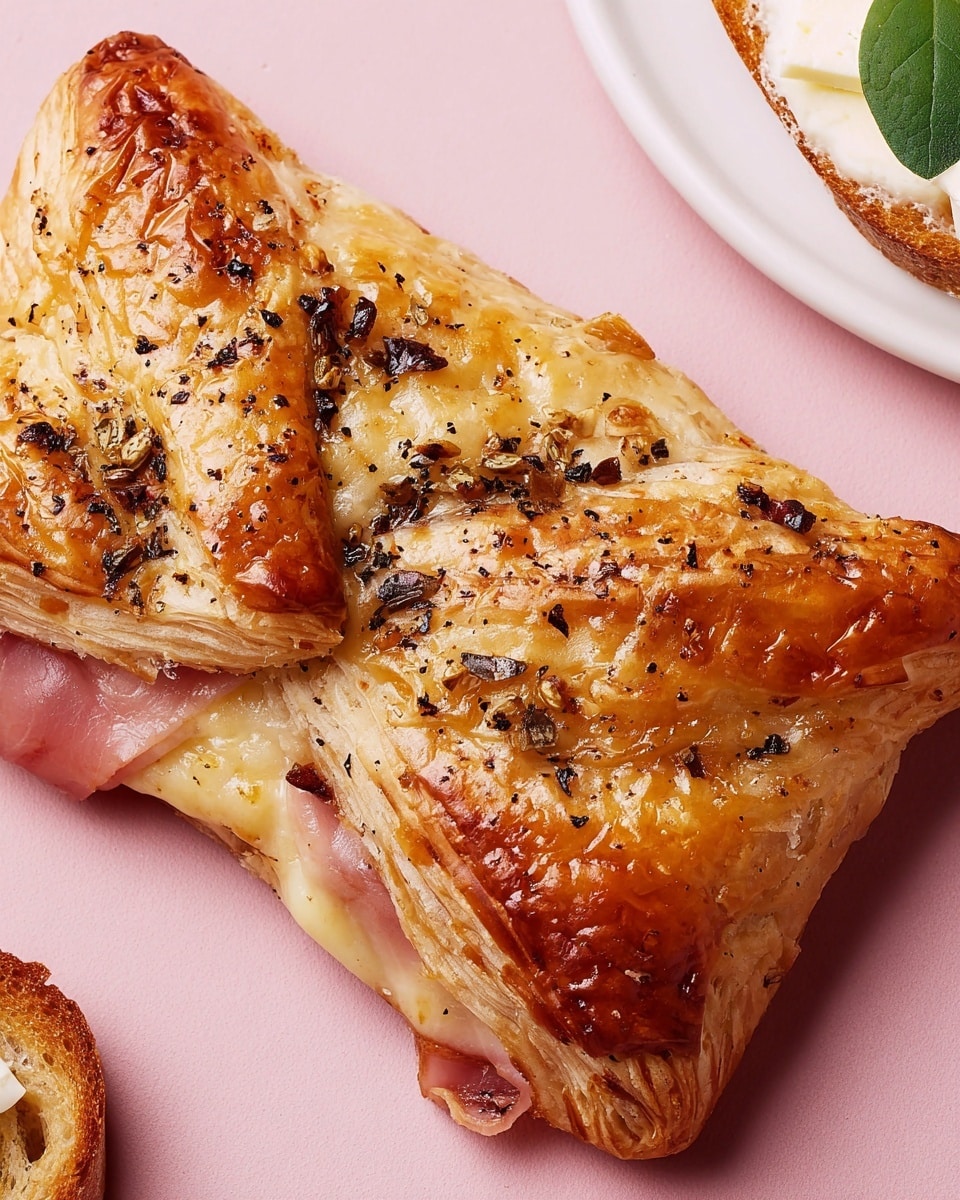 A golden brown puff pastry with a shiny, slightly crispy texture forms the base layer of this dish. It is folded into a rectangular shape with visible flaky layers. Inside, there are two main visible layers, one side showing melted creamy cheese with a smooth, gooey texture and light beige spots from baking, and the other side displaying several thin slices of reddish-pink ham that peek out from under the folded pastry. Small specks of black pepper are scattered on top of the pastry, adding contrast to the golden surface. The pastry rests directly on a pink background with a small piece of crusty white bread topped with a dollop of white creamy spread and a small green herb partially visible in the top right corner. photo taken with an iphone --ar 4:5 --v 7