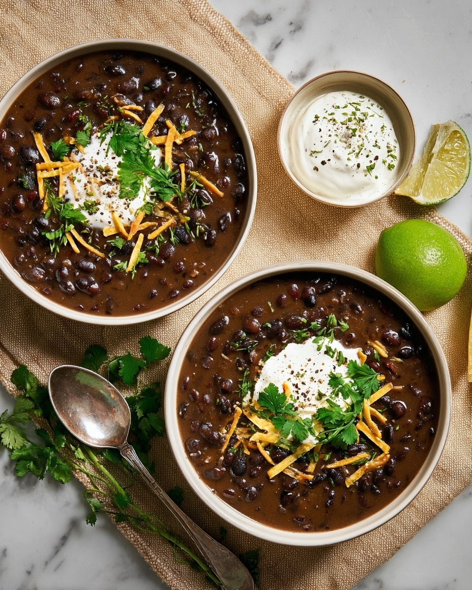 Two bowls of black bean soup on a white marbled texture, each bowl filled with a thick, dark brown soup layer packed with shiny black beans. On top of the soup, there is a dollop of white cream-like sauce, scattered yellow crispy thin strips, and fresh green herbs including basil and cilantro leaves as the top layer. Next to the bowls, there is a small white bowl containing a white soft cheese or cream sprinkled with green lime zest and black pepper. A beige textured cloth lies underneath one bowl, with a silver spoon placed nearby on the right. Photo taken with an iphone --ar 4:5 --v 7