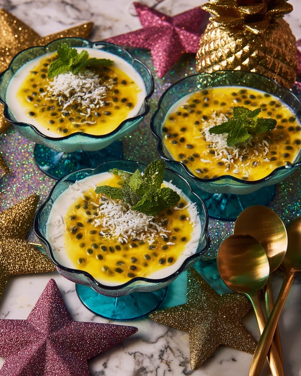 Three flower-shaped translucent blue bowls each hold a layered dessert. The bottom layer is smooth and white, topped with a bright yellow layer filled with small black passion fruit seeds. Scattered on top are small green mint leaves and white shredded coconut pieces, adding texture and color contrast. The bowls are placed on a white marbled surface decorated with fun holiday shapes like glittery stars and a golden pineapple ornament. Three golden spoons rest nearby on the surface, ready to be used. Photo taken with an iphone --ar 4:5 --v 7