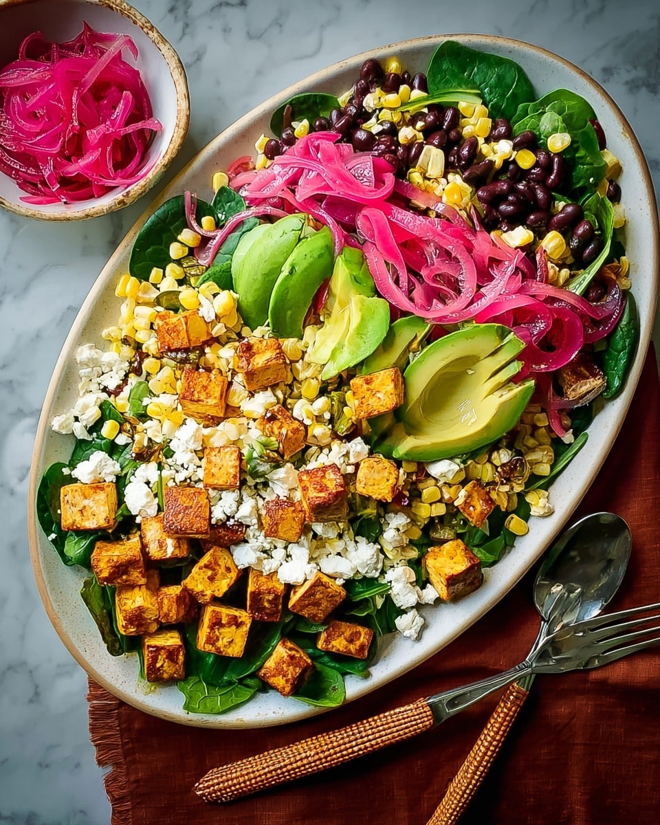 A large white oval plate holds a colorful salad on a white marbled surface. The bottom layer is fresh green spinach leaves scattered evenly. On top, there are thick slices of bright green avocado arranged in a fan shape across the plate. Small golden-yellow corn kernels and dark brown beans are sprinkled over the greens. Cubes of crispy, golden-brown tofu are distributed evenly throughout. Vivid pink, thinly sliced pickled onions add color contrast, resting both on the avocado and tofu. Crumbled white cheese is scattered across the salad in small chunks, adding texture. A small white bowl with pickled onions sits beside the plate on the white marble. A set of metal serving spoons with woven brown handles rest on the bottom right edge of the plate. photo taken with an iphone --ar 4:5 --v 7