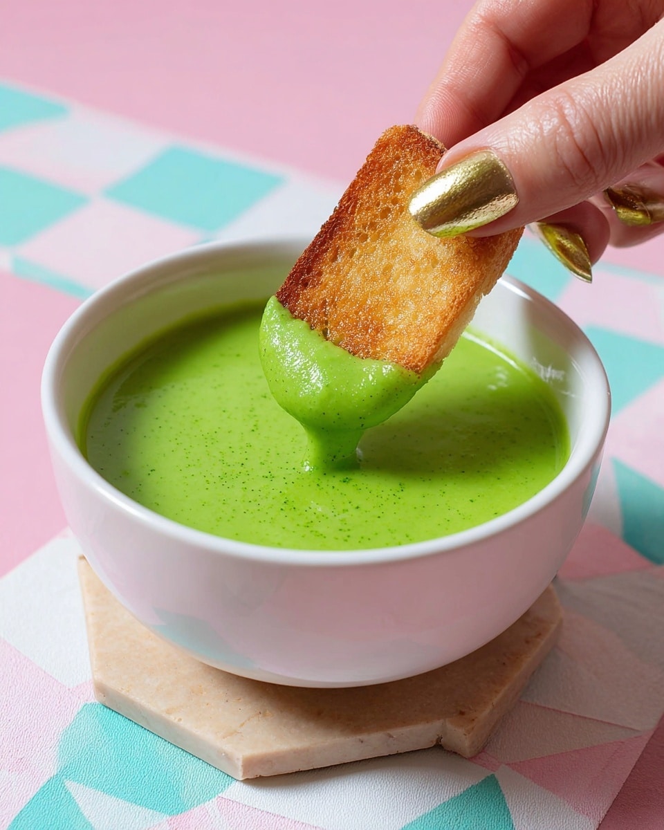 A close-up image shows a white bowl filled with smooth, bright green creamy sauce. A toasted rectangular piece of bread with a golden brown crispy texture is dipped halfway into the sauce, held by a woman's hand with shiny metallic gold nail polish. The bowl sits on a light tan hexagonal coaster, placed on a white and light turquoise checkered surface, with a soft pink background. The green sauce has a rich, thick texture with a small dollop dripping from the bread. photo taken with an iphone --ar 4:5 --v 7