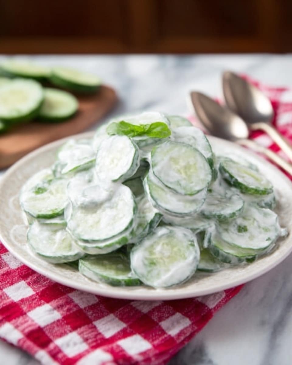 A white plate holds a creamy cucumber salad with thin, pale green cucumber slices covered in a thick white dressing, layered evenly and topped with a small sprig of fresh green dill in the center. The plate sits on a light red and white checkered cloth on a white marbled surface, with a spoon placed near the top right edge. The photo is taken from a slightly above angle, capturing the fresh and creamy texture of the salad. Photo taken with an iphone --ar 4:5 --v 7