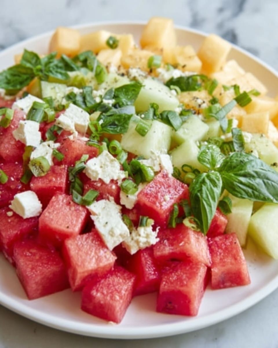 A white plate holds a colorful salad arranged in three visible layers. The bottom layer consists of golden yellow potato slices with a slightly crispy texture. On top of that lies a fresh mixture of diced pink watermelon and white feta cheese crumbles, adding a soft and slightly crumbly texture. Bright green basil leaves are scattered over the salad, adding a touch of freshness and vibrant color. The background is a white marbled surface. Photo taken with an iphone --ar 4:5 --v 7