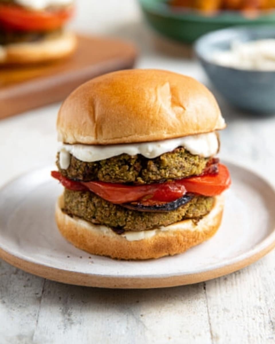 A white plate on a white marbled surface holds a burger with three visible layers. The bottom layer is a thick, dark brown patty with a slightly rough texture. Above it is a smooth slice of red tomato, topped with a thick white sauce or cheese layer. The top bun is light brown with a soft, smooth surface. In the background, there is a small white bowl filled with a green sauce or dip, slightly out of focus. Photo taken with an iphone --ar 4:5 --v 7