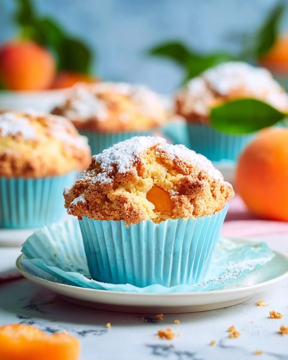 A golden-brown muffin with a rough, crumbly top layer dusted lightly with powdered sugar sits in a bright blue paper cup. The muffin reveals a visible piece of soft, orange apricot embedded near the center. Around the base of the muffin are scattered crumbs on a white plate, which shows subtle texture and some slight speckles. In the background, there are several blurred muffins in the same blue paper cups along with fresh apricots, all set on a white marbled surface. Photo taken with an iphone --ar 4:5 --v 7