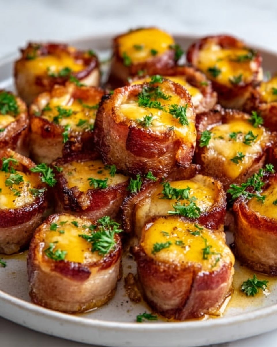 The image shows a white plate filled with small, round pieces of food wrapped in crispy, golden-brown bacon. Each piece is topped with a layer of melted yellow cheese that looks smooth and slightly glossy. Small green bits of fresh parsley are scattered on top, adding a bright color contrast. The bacon looks crunchy and browned in some places, while the inside of each piece is softer and lighter in color. The white marbled surface beneath the plate adds a clean, elegant look. photo taken with an iphone --ar 4:5 --v 7