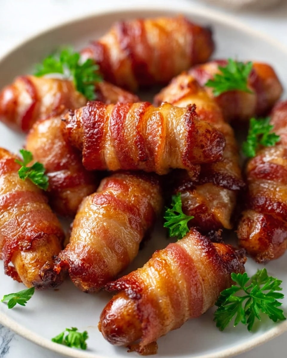 The image shows a close-up of several bite-sized sausages wrapped in crispy bacon, arranged on a white plate. The bacon is golden brown with slightly darker grill marks, creating a striped texture around each sausage. Small fresh green parsley leaves are scattered around the sausages, adding a touch of color contrast. The white plate rests on a white marbled surface, and the overall lighting highlights the shiny, glazed look of the bacon. photo taken with an iphone --ar 4:5 --v 7