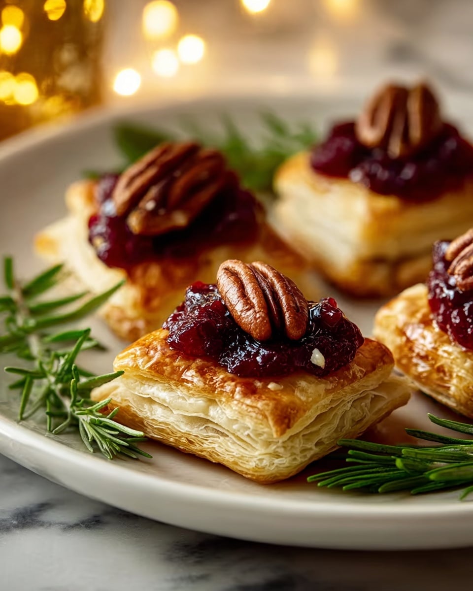 This image shows a white plate with several square puff pastries, each having three visible golden-brown flaky layers. On top of each pastry is a textured deep red cranberry sauce layer, crowned with a single pecan half that has a rough brown shell and smooth cream inside. Fresh green rosemary sprigs are placed around the pastries, adding contrast to the warm colors. The plate rests on a white marbled surface, softly lit with a cozy background glow. photo taken with an iphone --ar 4:5 --v 7