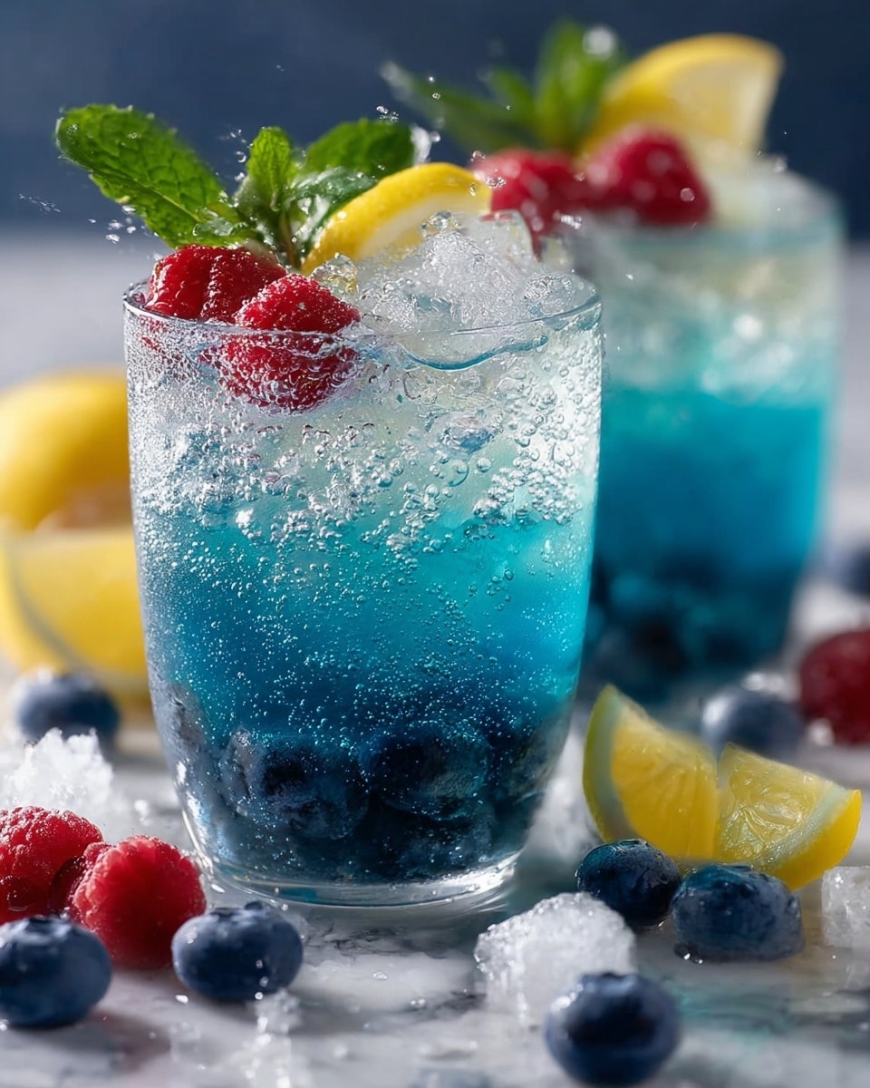 Two clear glasses filled with a bright blue drink, with several blueberries settled at the bottom layer. Above that is a thick layer of crushed ice with bubbles, reaching almost to the top of each glass. On the top layer, fresh raspberries and a blueberry sit among the ice, along with a small sprig of green mint and a thin slice of lemon on the edge of each glass. The scene is set on a white marbled surface scattered with extra blueberries, raspberries, lemon wedges, and ice cubes around the glasses. The background is softly blurred with a cool blue tone. photo taken with an iphone --ar 4:5 --v 7